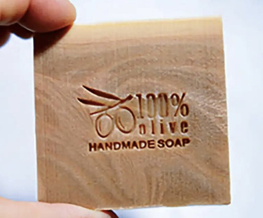Seifenstempel aus Acrylglas ohne Griff mit Motiv: 2 Oliven am Strauch 100% Olive handmade Soap