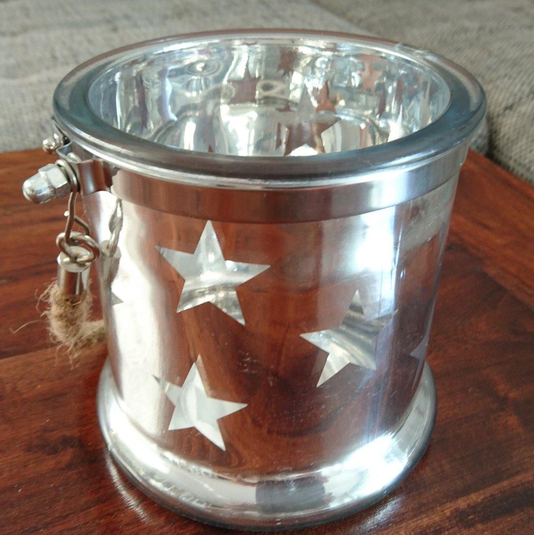 Grosses Windlicht Sterne Silber mit Sisalhenkel - zum Hängen & Stellen - KamelundMilch.de