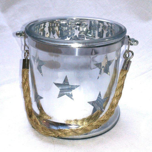 Grosses Windlicht Sterne Silber mit Sisalhenkel - zum Hängen & Stellen - KamelundMilch.de