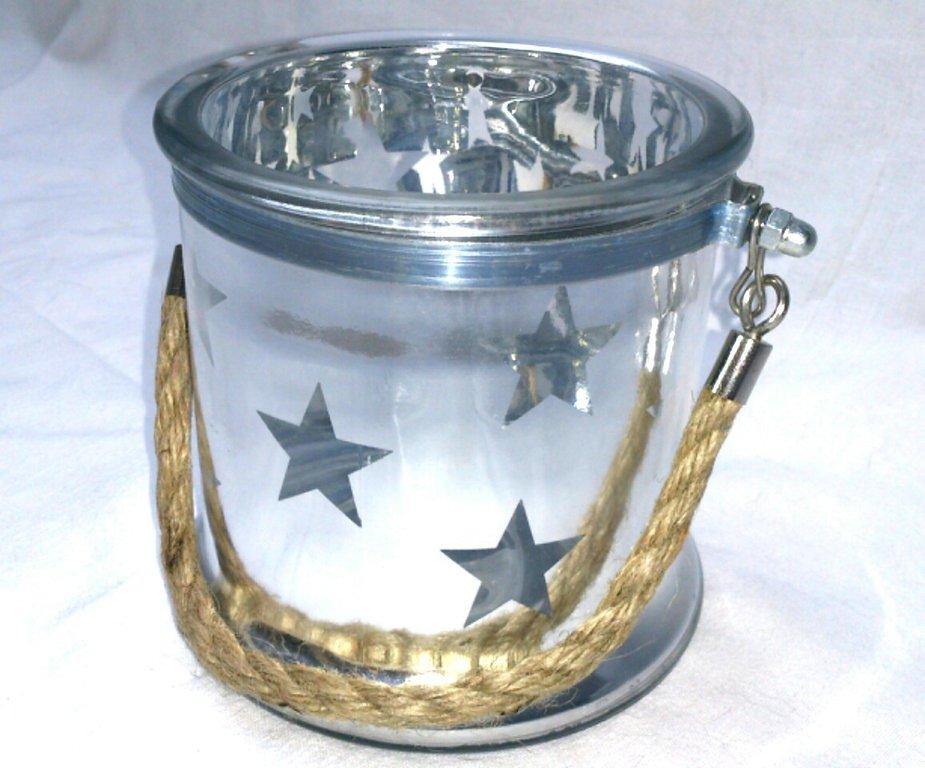 Grosses Windlicht Sterne Silber mit Sisalhenkel - zum Hängen & Stellen - KamelundMilch.de