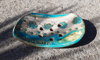 Spanish ceramics Soap dish by LaMar Design Mallorca in turquoise with and without lettering