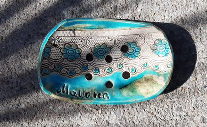 Spanish ceramics Soap dish by LaMar Design Mallorca in turquoise with and without lettering